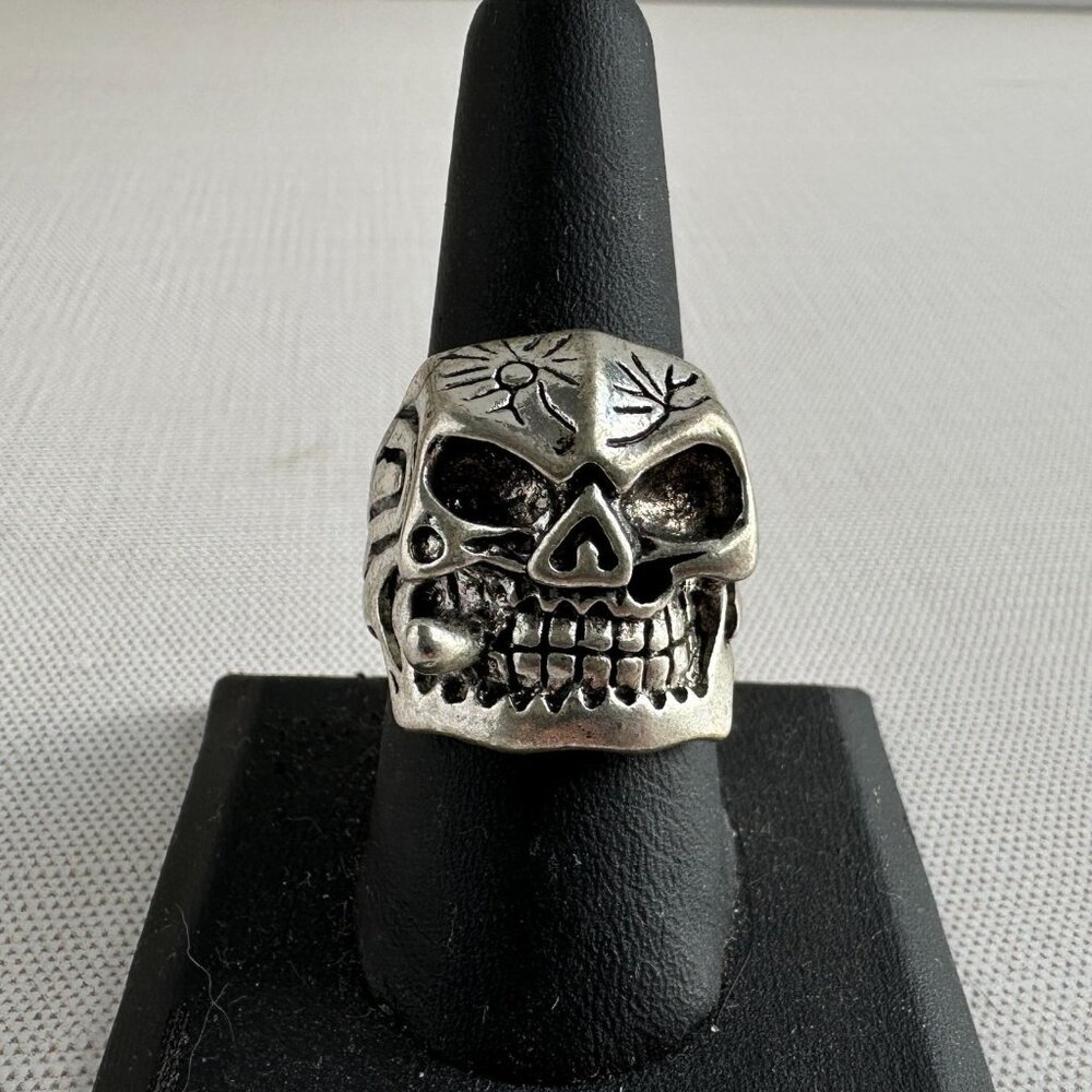Biker Skull Ring Size 9.5 Stainless Steel Gothic Halloween Jewelry With Engraved